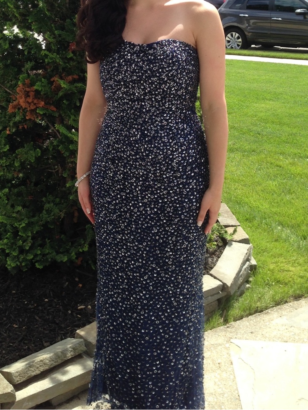 Sherri Hill Navy Beaded Strapless Prom Dress